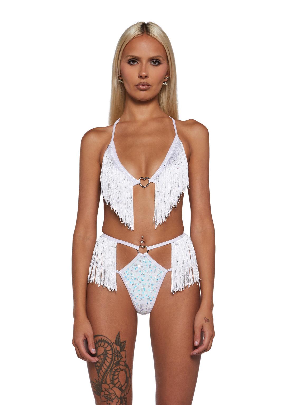 Womens Sexy Fringe Sequin Bra And Shorts Set - White