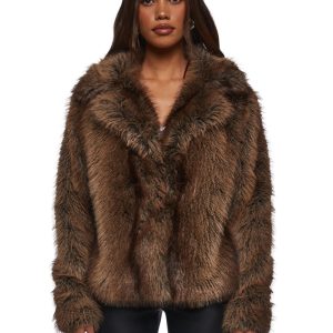 Womens Sexy Fox Faux Fur Coat Y2K Generation Kiss - Brown