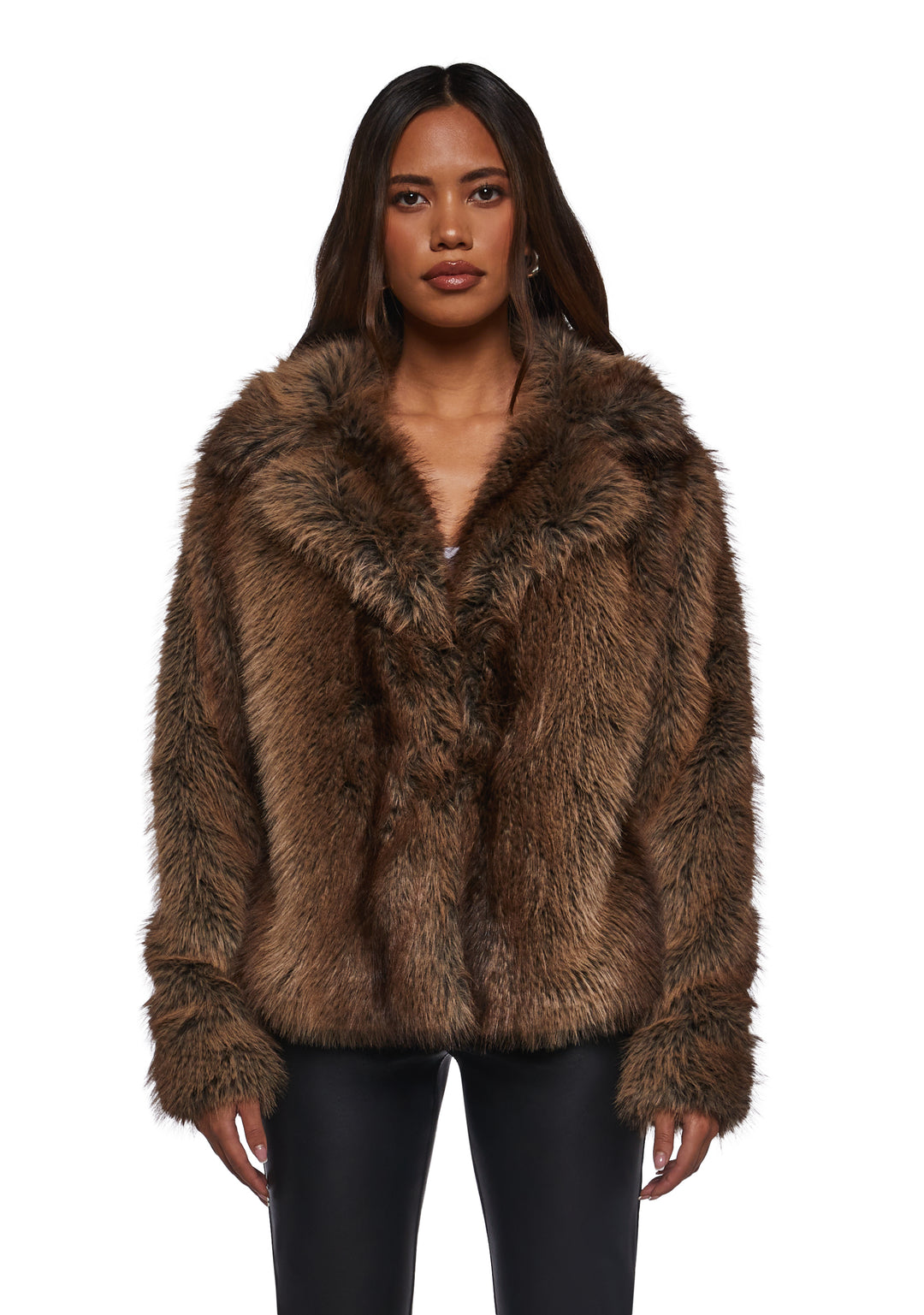 Womens Sexy Fox Faux Fur Coat Y2K Generation Kiss - Brown