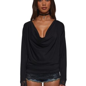 Womens Cowl Top With Lace Trim Current Mood - Black