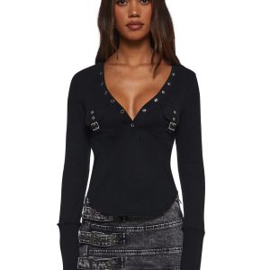 Womens Sexy Long Sleeve With Buckle Details - Black