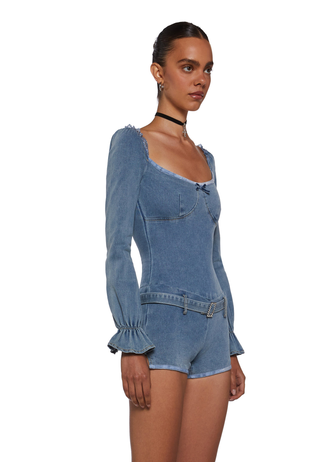 Womens Denim Long Sleeve Romper - Blue - Image 3