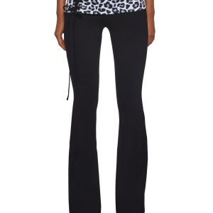 Stretchy Knit Leopard Print Lace-Up Foldover Waist Flare Pants Sugar Thrillz - Black