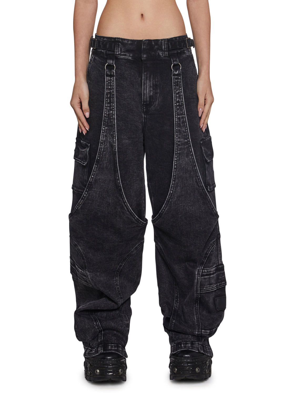 Womens Denim Wide Leg Pants Y2K Darker Wavs - Black
