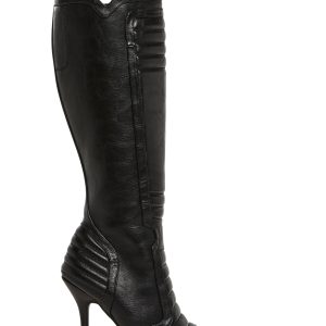 Womens Vegan Leather Moto Panel Knee High Boots - Black