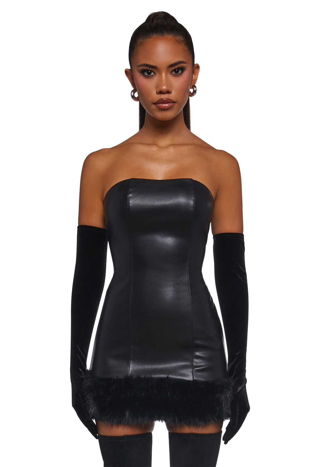 Womens Vegan Leather Mini Dress With Faux Fur - Black - Image 6