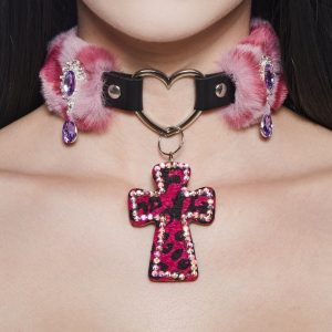 Goth Faux Fur Cross Necklace Widow - Pink