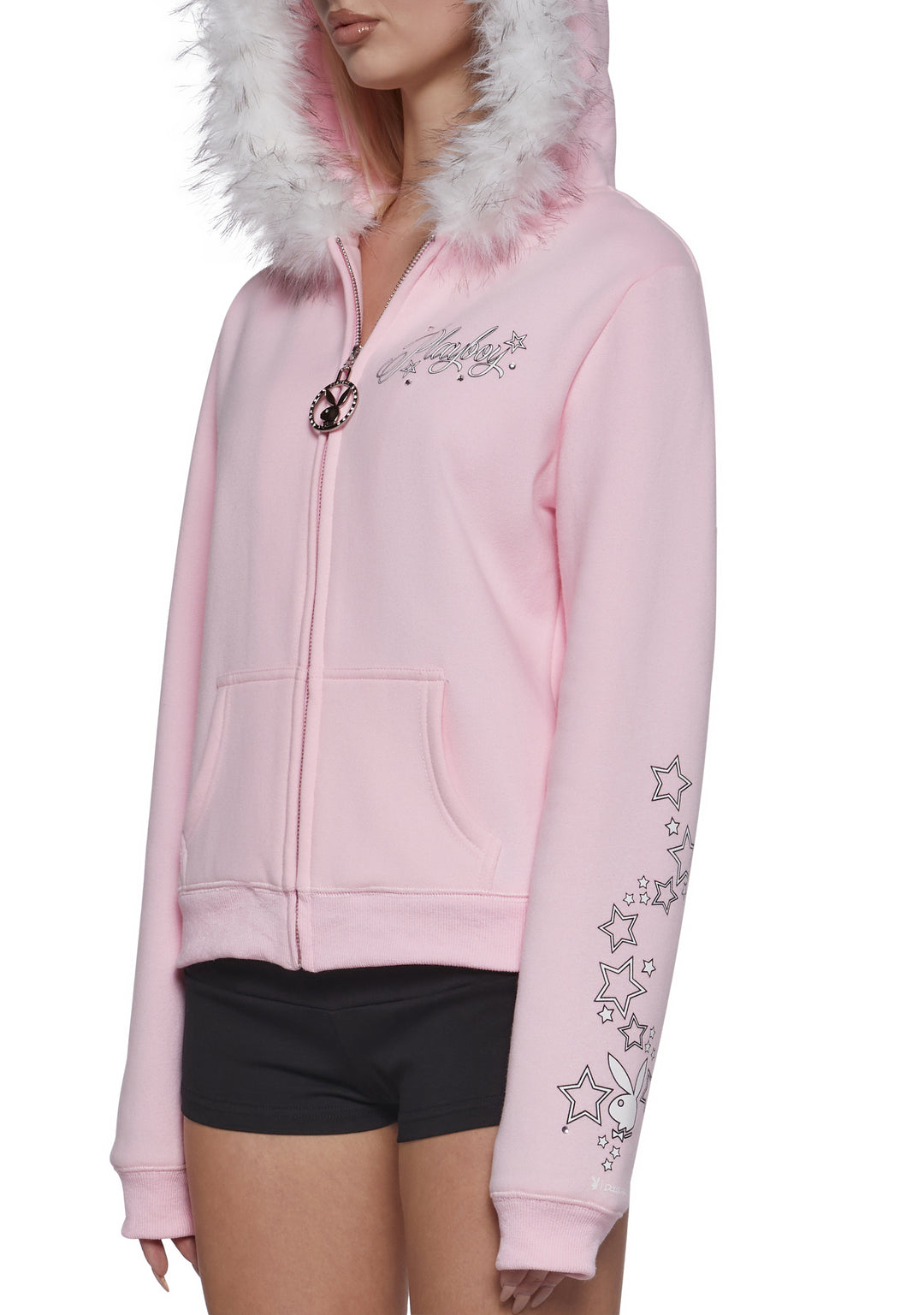 Playboy by Dolls Kill Faux Fur Trimmed Hoodie - Pink - Image 9