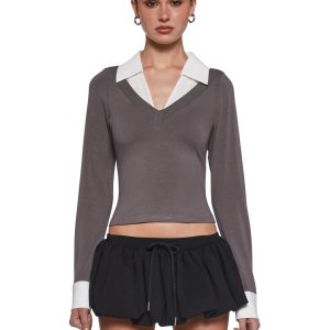 Womens Long Sleeve Collared Top Generation Kiss - Gray