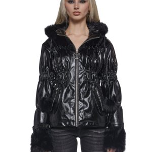 Playboy by Dolls Kill VInyl Puffer Jacket With Faux Fur Trim - Black