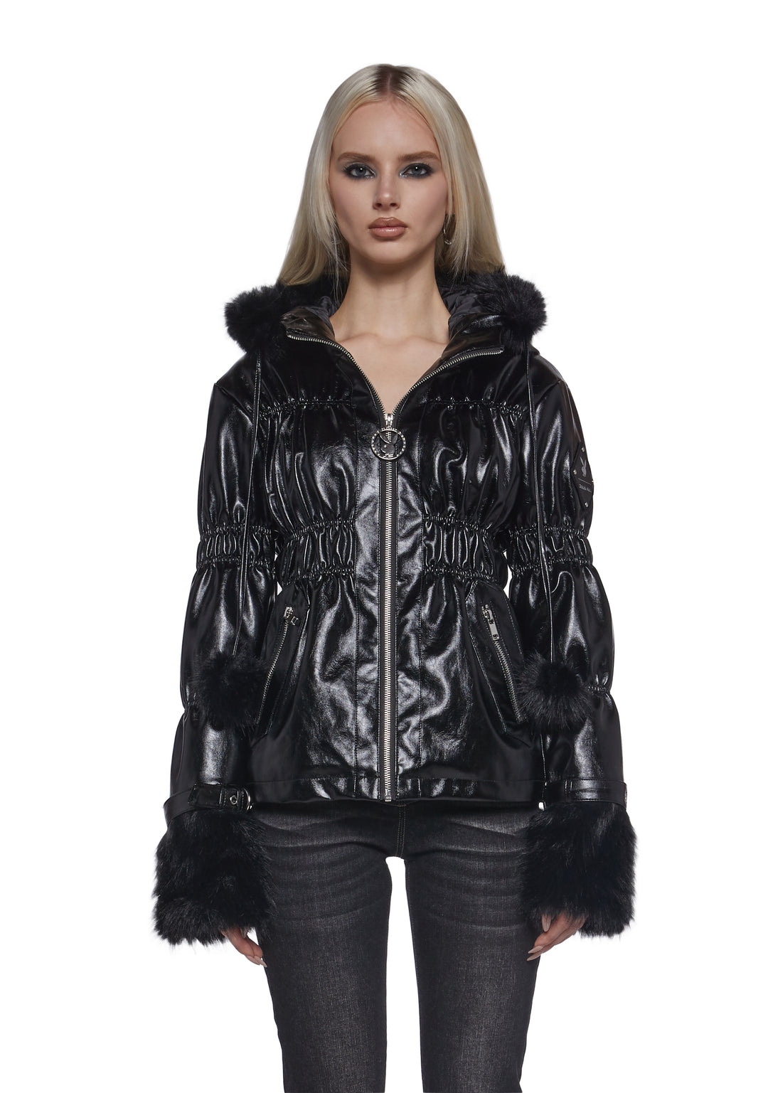 Playboy by Dolls Kill VInyl Puffer Jacket With Faux Fur Trim - Black