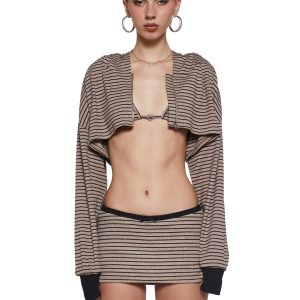 Womens Sexy Striped Bralette Skirt And Hoodie - Brown