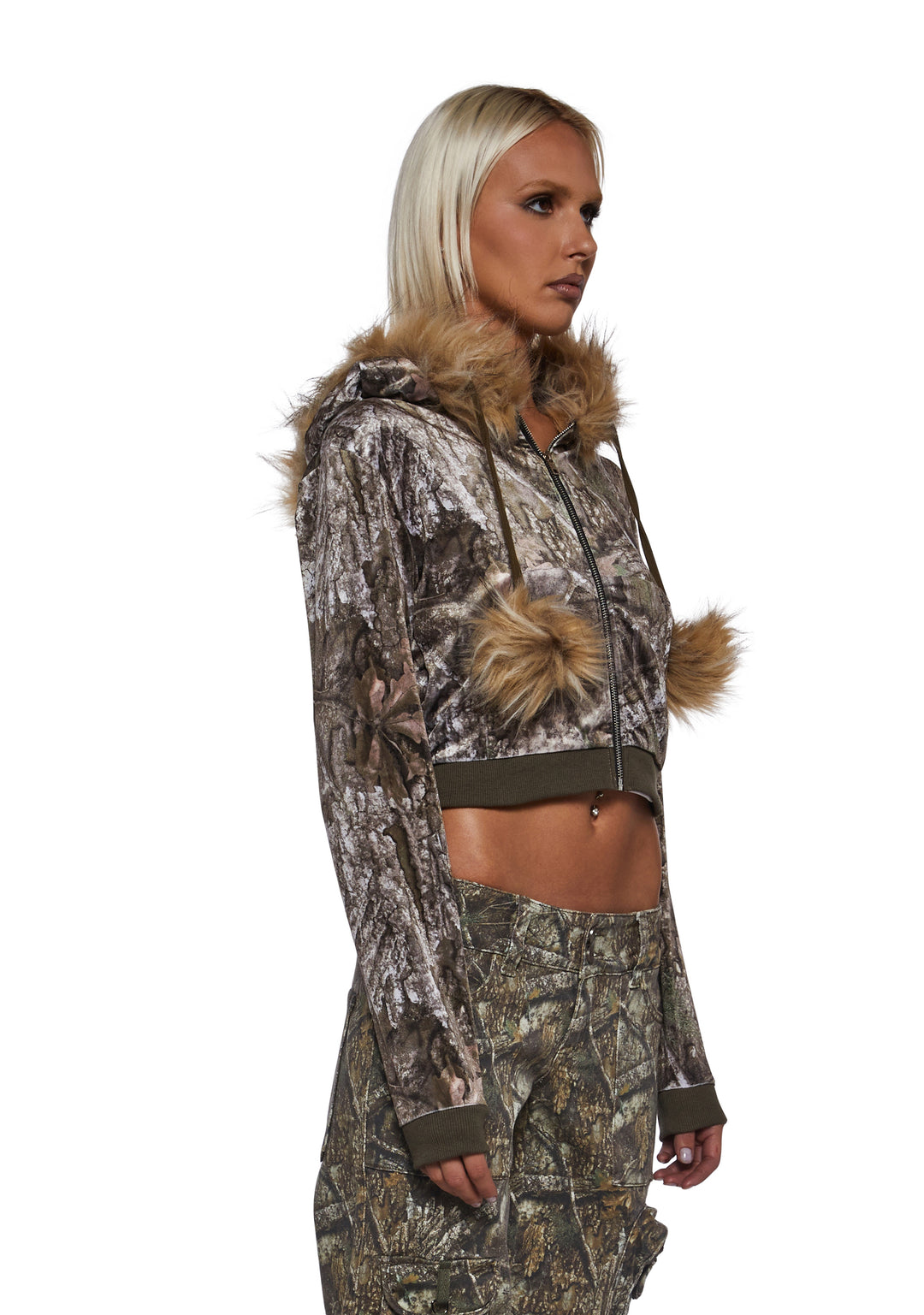 Dolls Kill x RealTree Camo Printed Velour Hoodie With Faux Fur Trim - Multi - Image 3