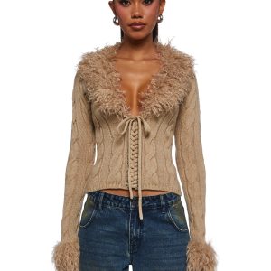 Womens Stretchy Cable Knit Shaggy Faux Fur Trim Lace-Up Cardigan Generation Kiss - Off White
