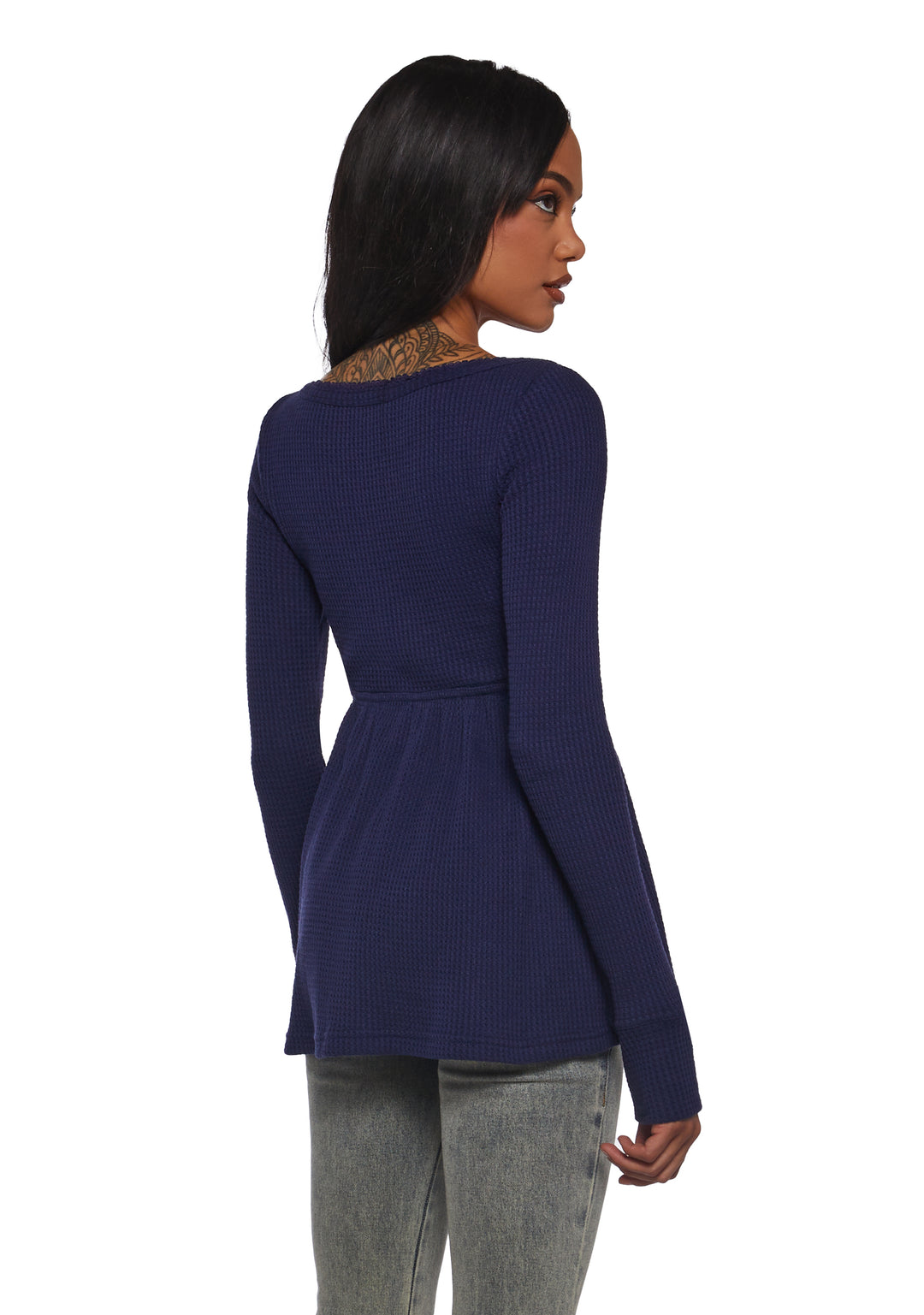 Womens Waffle Knit Long Sleeve Top With Buttons Current Mood - Blue - Image 4