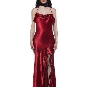 Womens Satin Maxi Dress With Ruffles Widow - Red