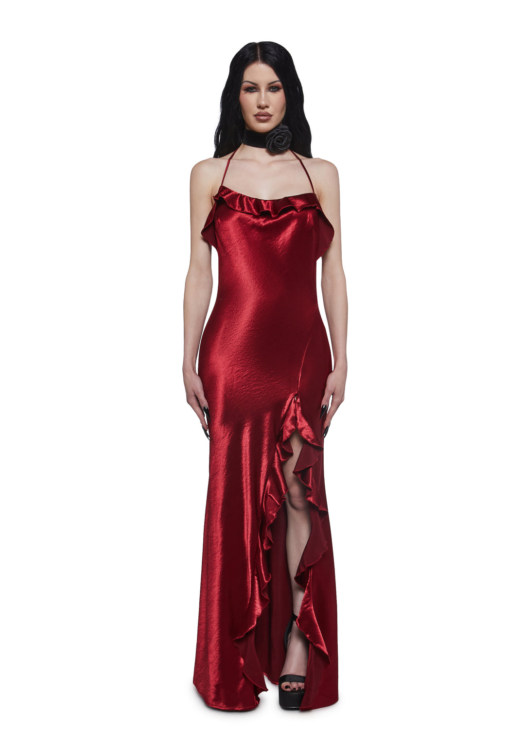 Womens Satin Maxi Dress With Ruffles Widow - Red