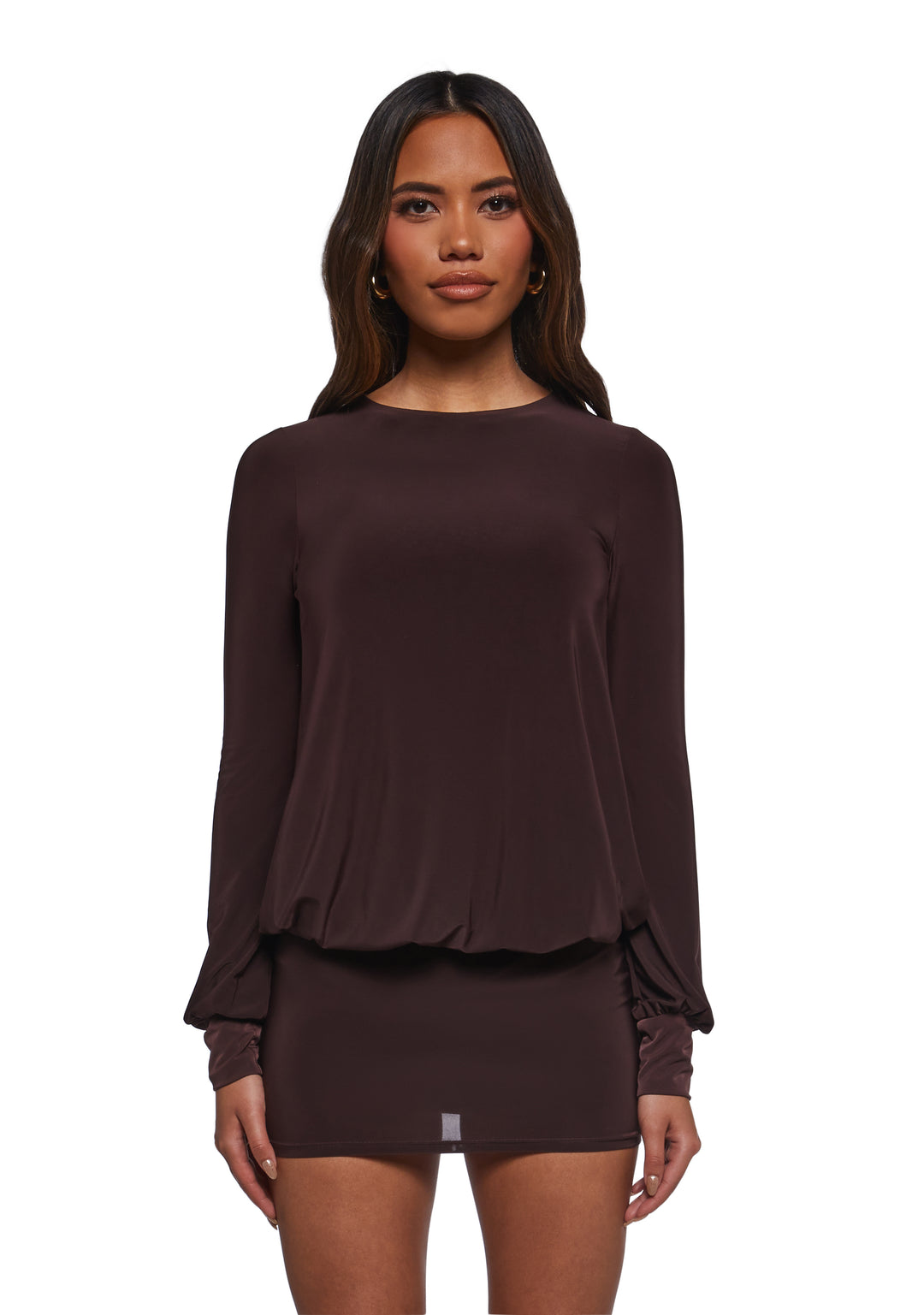 Womens Mesh Long Sleeve Dress - Brown