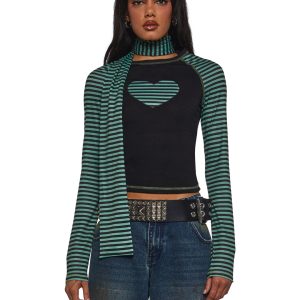 Stretchy Knit Heart Striped Long Sleeve Tee And Scarf Set Current Mood - Multi