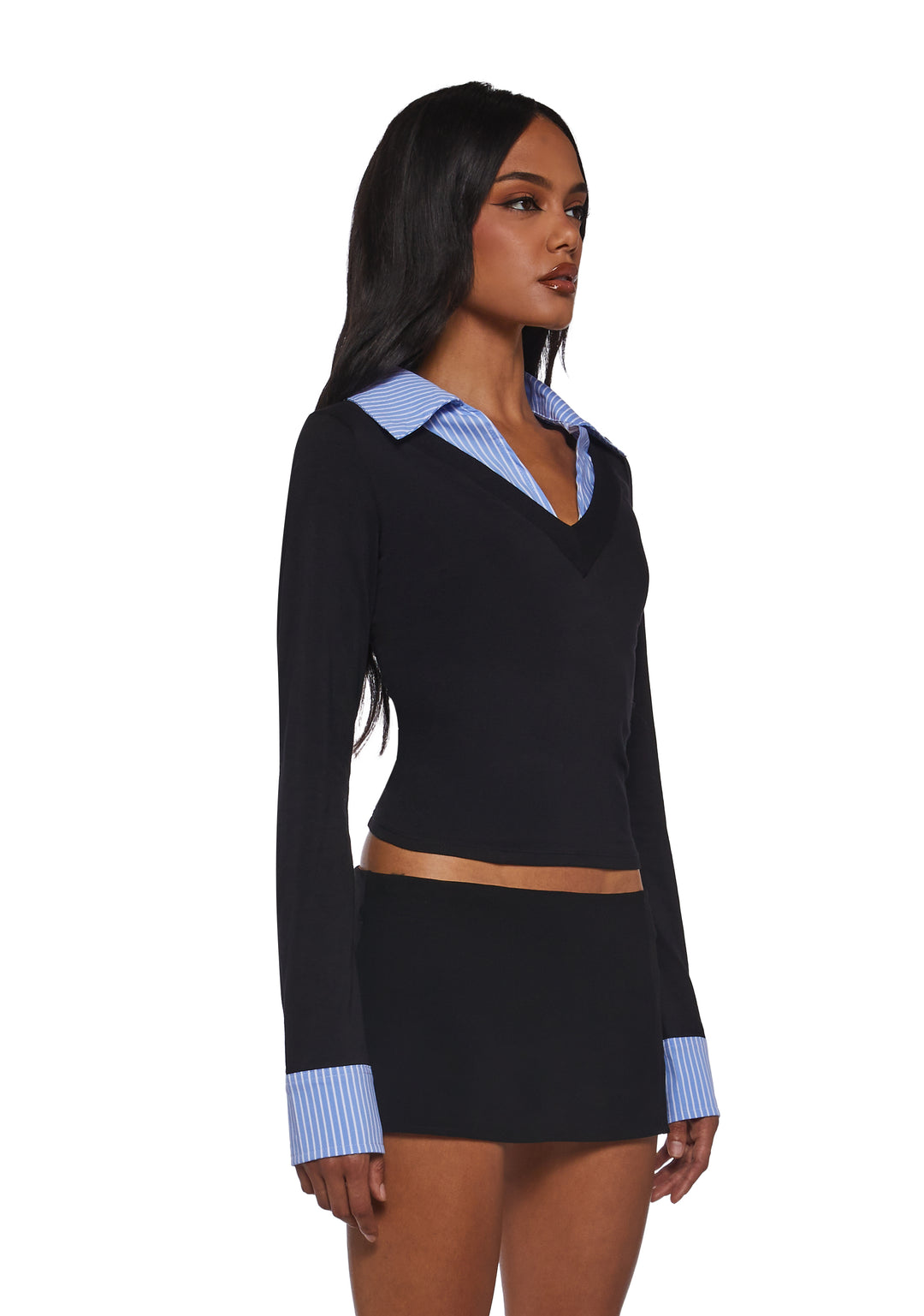 Womens Long Sleeved Collared Top - Blue - Image 3