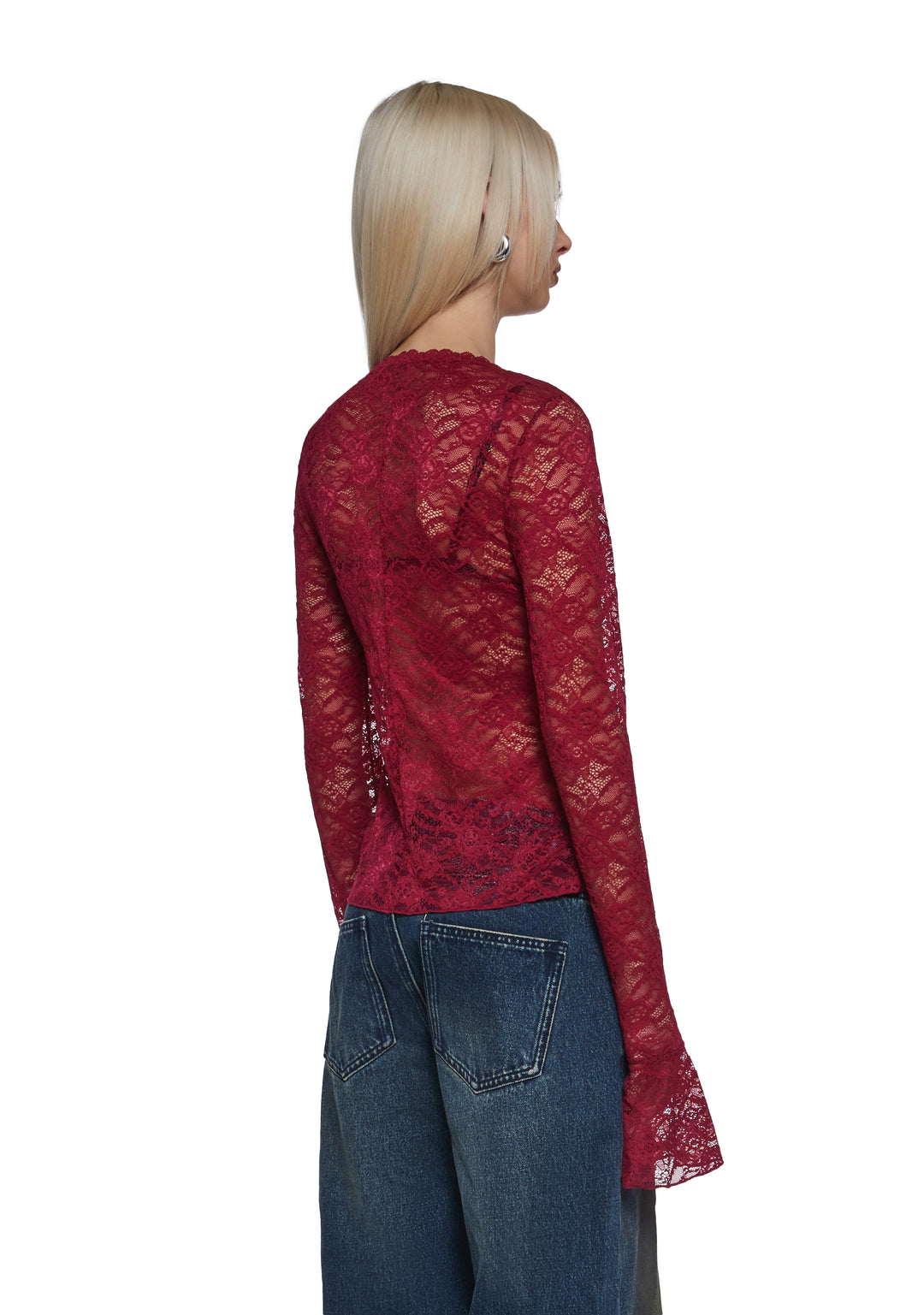 Womens Button Front Lace Top - Red - Image 4