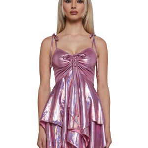 Club Exx Rave Fairycore Festival Fairy Metallic Holo Handkerchief Dress - Pink