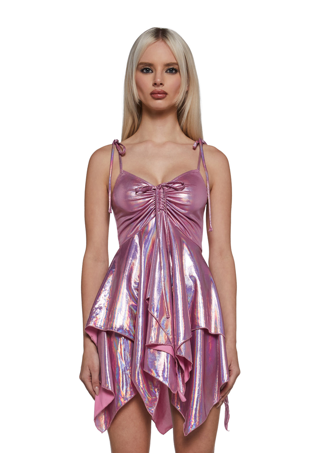 Club Exx Rave Fairycore Festival Fairy Metallic Holo Handkerchief Dress - Pink