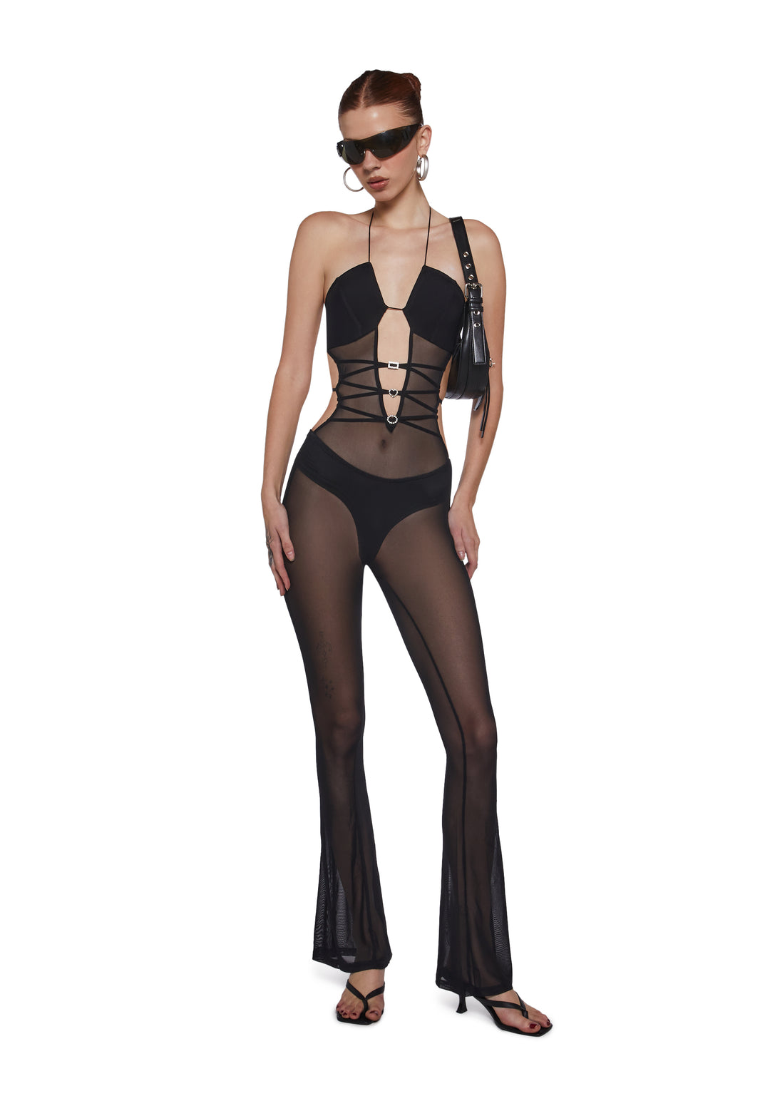 Womens Sheer Mesh Cut Out Jumpsuit - Black - Image 5