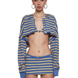 Womens Sexy Striped Bralette Skirt And Hoodie - Blue