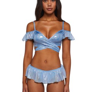J Valentine Metallic Coated Fishnet Ruffle Bikini Set - Blue