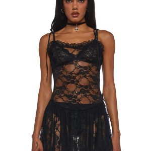 Sheer Lace Drop Waist Mini Dress Current Mood - Black