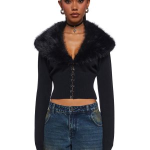 Womens Knit Cardigan With Faux Fur Collar Generation Kiss - Black