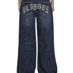 Playboy by Dolls Kill Wide Leg Embroidered Jeans - Blue