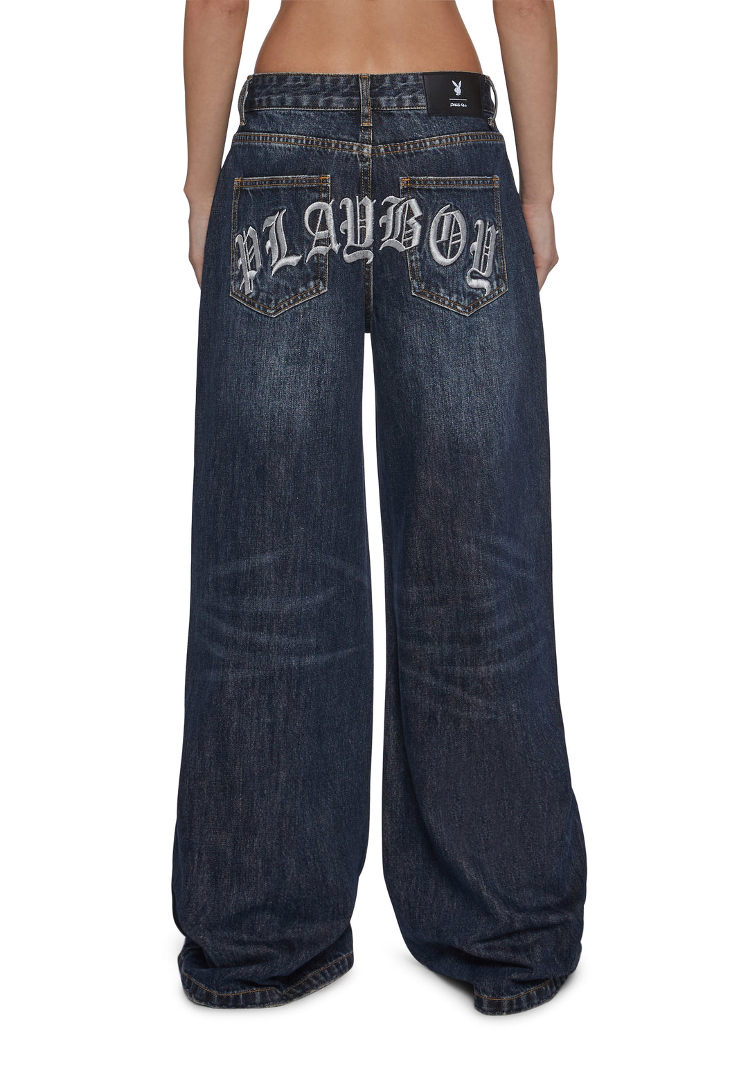 Playboy by Dolls Kill Wide Leg Embroidered Jeans - Blue