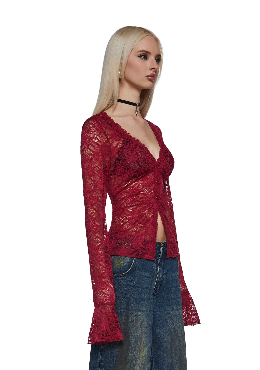 Womens Button Front Lace Top - Red - Image 3