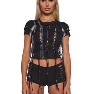 Womens Sexy Shredded Tie Dye Top Club Exx - Black