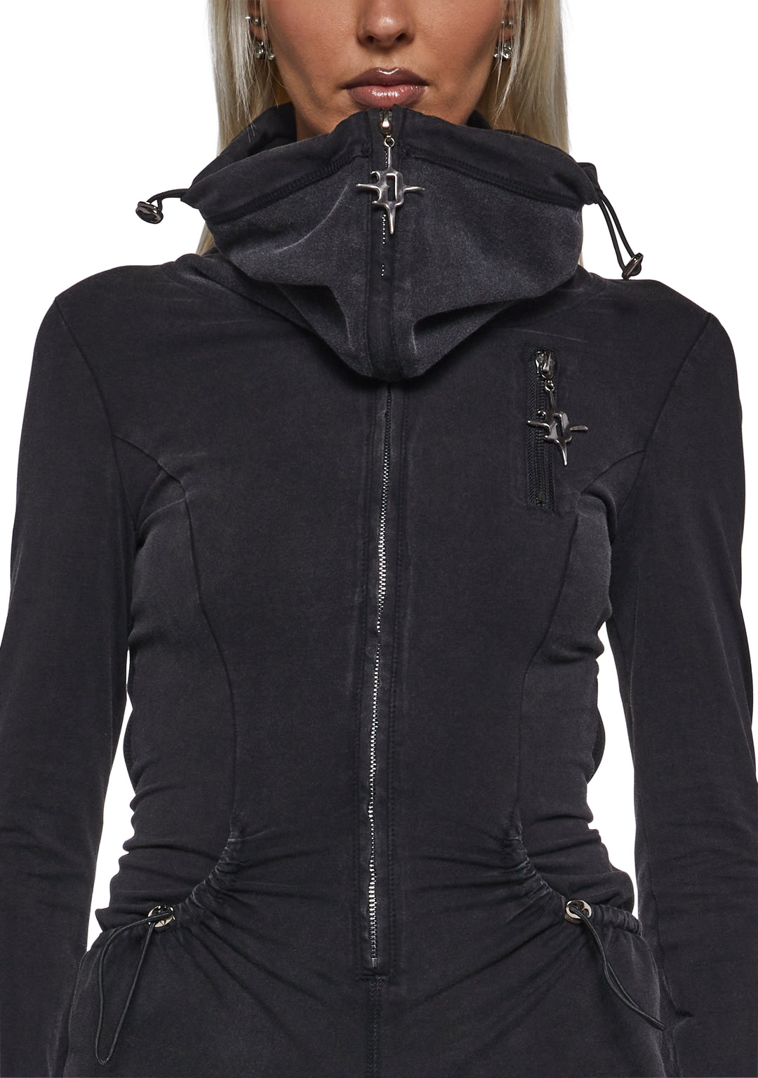 Darker Wavs Cotton Jersey Knit Romper With Ruching And Zippers - Black - Image 6