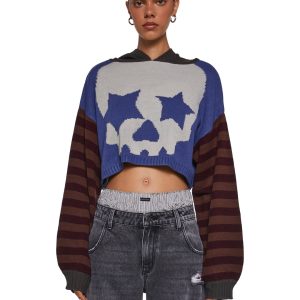 Womens Cropped Skull Graphic Hoodie Current Mood - Multi