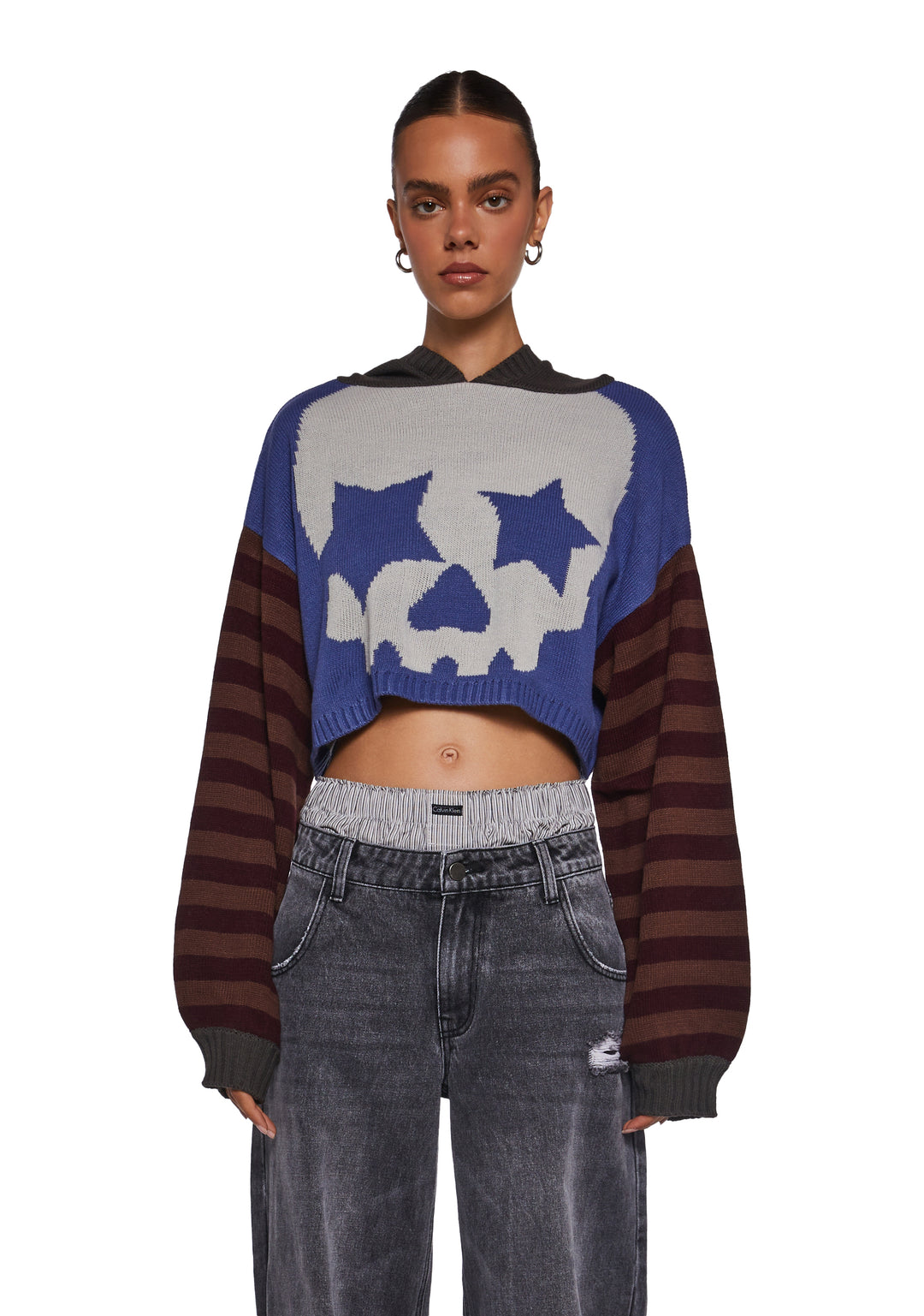 Womens Cropped Skull Graphic Hoodie Current Mood - Multi
