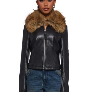 Womens Vegan Leather Jacket With Faux Fur Collar - Black