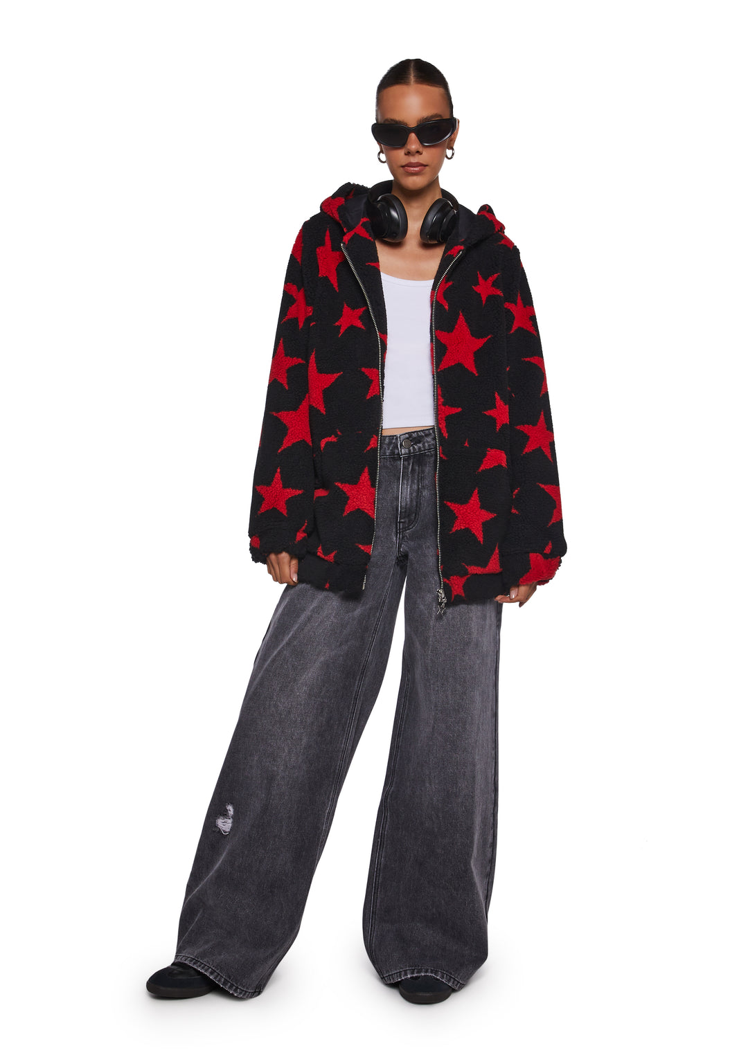 Current Mood Faux Shearling Star Teddy Hooded Sherpa Jacket - Black/Red - Image 2