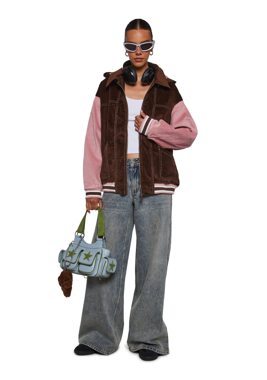 Corduroy Paneled Striped Hooded Zip-Up Jacket Delia's - Brown - Image 2