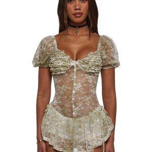 Womens Sheer Floral Lace Mini Dress - Green