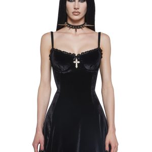 Widow Velvet Cross Mini Dress Black