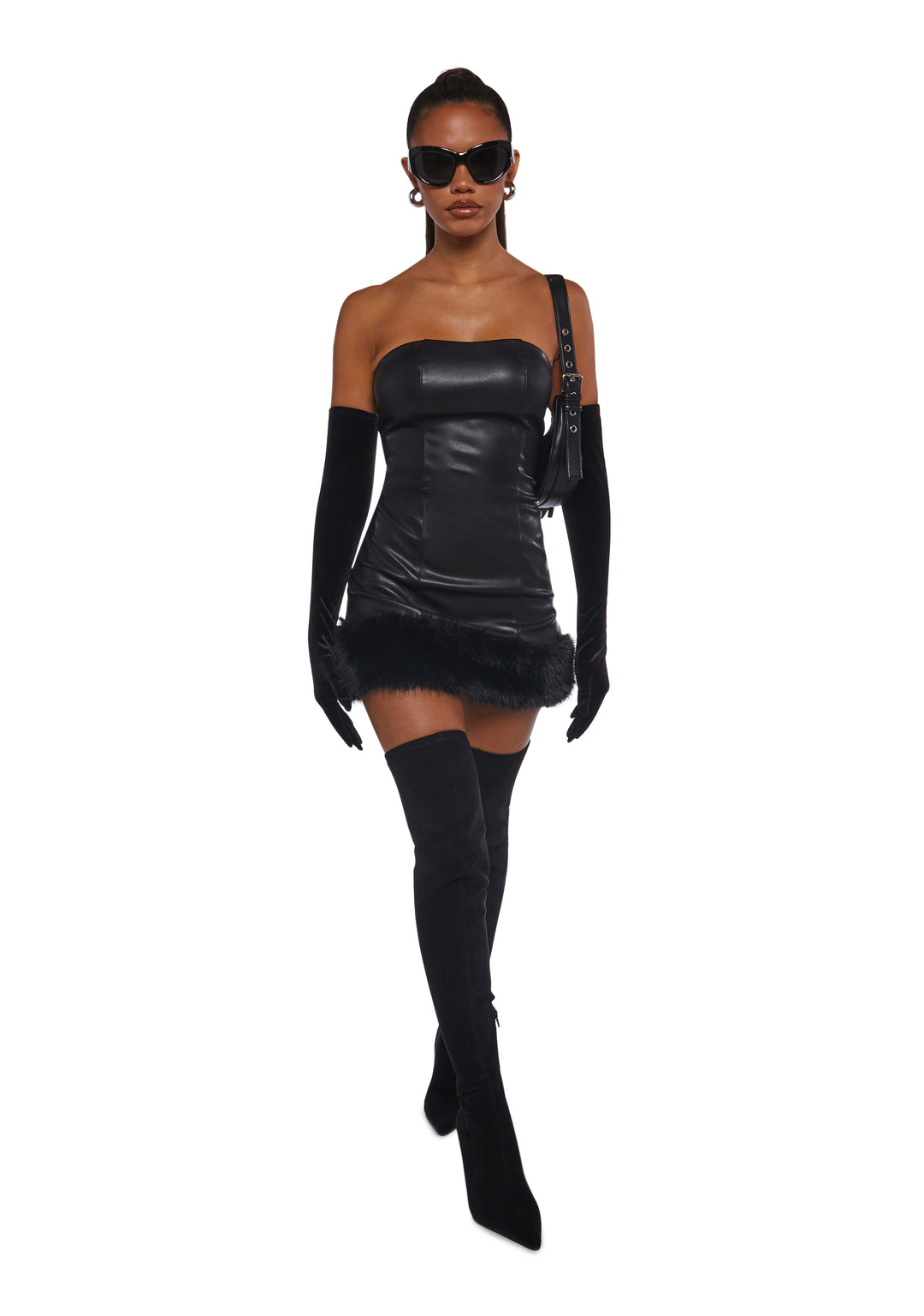 Womens Vegan Leather Mini Dress With Faux Fur - Black - Image 2