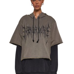 Washed Knit Layered Pullover Hoodie Darker Wavs - Gray
