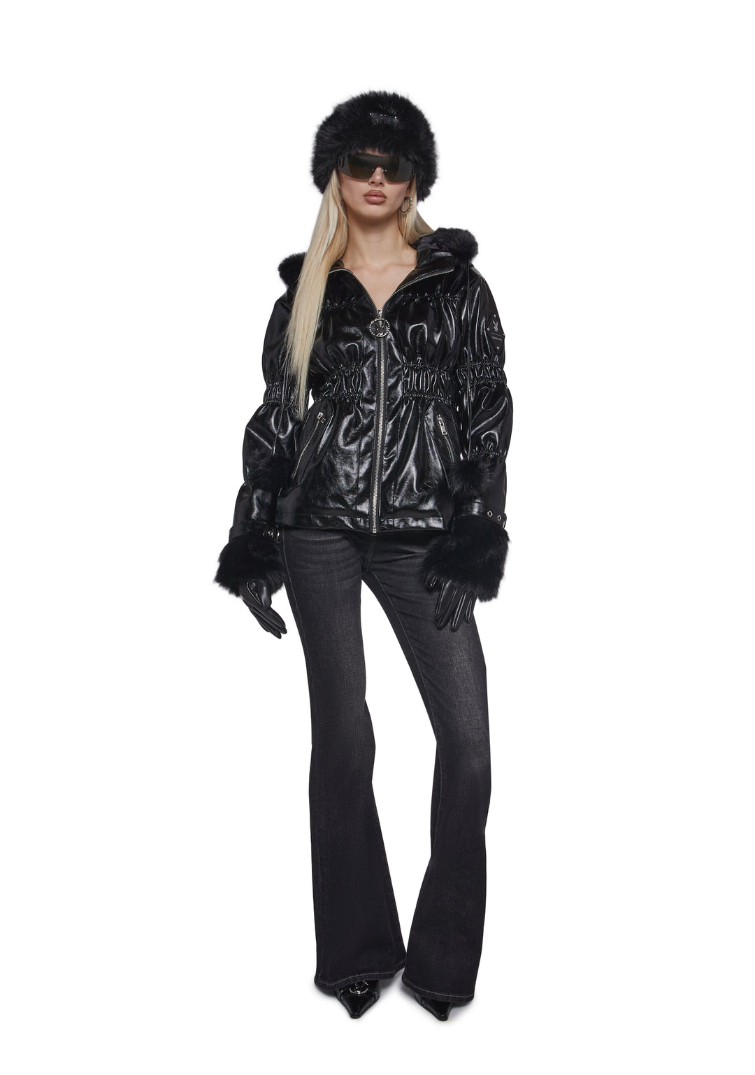 Playboy by Dolls Kill VInyl Puffer Jacket With Faux Fur Trim - Black - Image 2