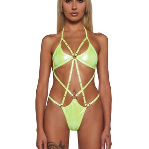 Womens Sexy Strappy Bodysuit With Rhinestone Details - Yellow