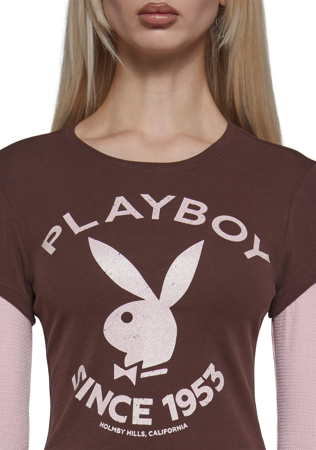Womens Playboy Bunny Graphic 2Fer Tee - Brown - Image 5