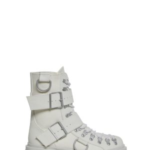 Club Exx Burning Man Buckle D Ring Lace Up Combat Boots - White